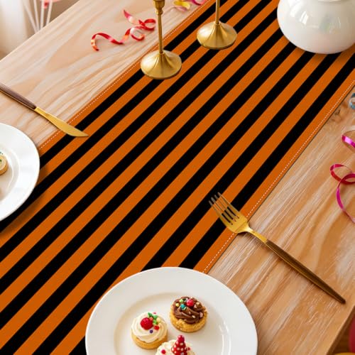 Halloween Orange Black Striped Table Runner - 13 x 72 Inches, Fall Carnival Decor