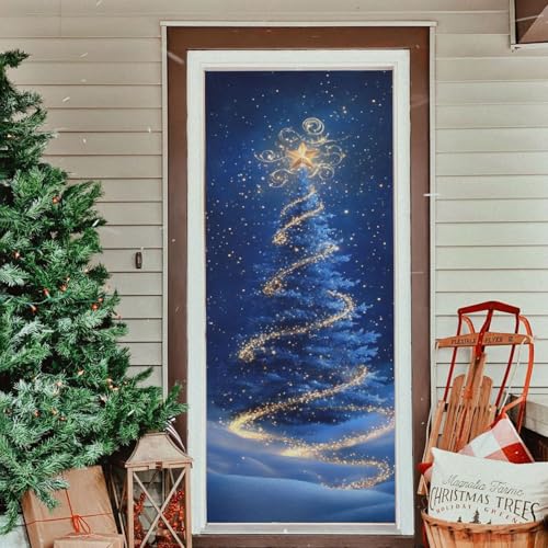 Christmas Tree Door Cover - Blue Holiday Door Decor 35x79 In - Stretch Fabric