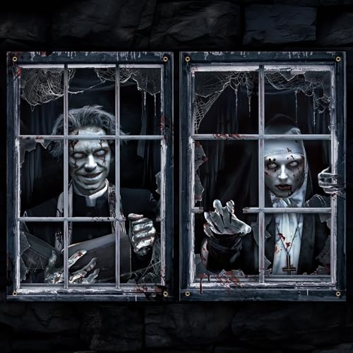 Halloween Ghost Curtain Set - Zombies and Ghost Variation - Spooky Window Decorations for Indoor Outdoor Party