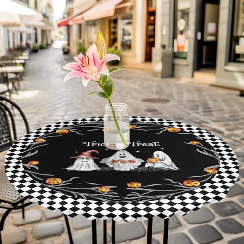 Halloween Fitted Round Tablecloth - Trick Or Treat Quotes Waterproof Cover with Elastic Edge, 45-54 Inch, Black