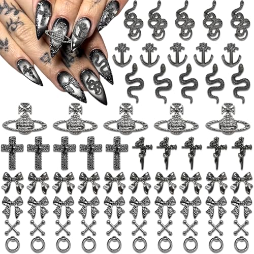 Halloween Nail Charms Set - 70pcs 3D Cross Snake Bow & Planet Black Variation 2