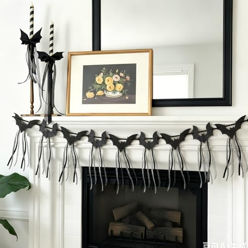 Halloween Bat Garland Set with Ribbons - Black Flying Bat Banners for Decorations