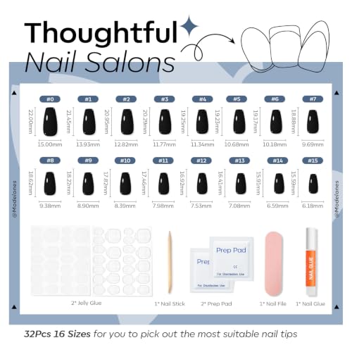 modelones Coffin Press On Nails Short Fake Nails Black A5
