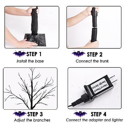 Halloween Black Lighted Tree with Orange & Purple LED Lights - 4Ft 2-Pack - Bendable Indoor Outdoor Decor