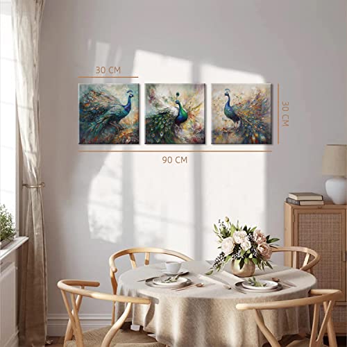 Colorful Peacock Wall Art Canvas Prints Set - 12x12 Inches, 3 Pieces - Elegant Bedroom & Bathroom Decor