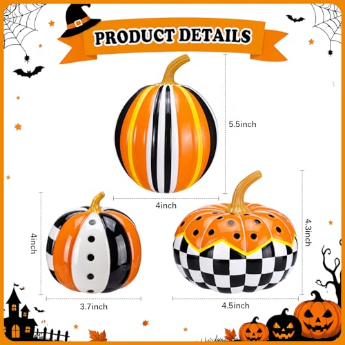 3-Piece Fall Halloween Black and White Pumpkin Decor Set - Resin Autumn Ornaments