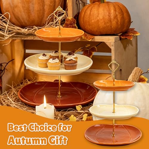 3-Tier Ceramic Pumpkin Serving Tray - Fall Thanksgiving Cake Stand with 7, 9, 11 Inch Sizes - Pumpkin Variation