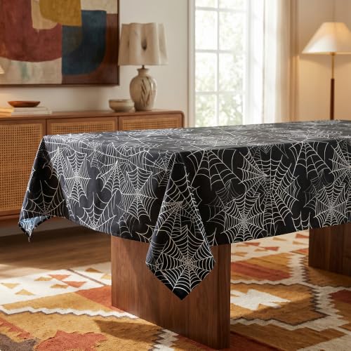 Halloween Spider Web Waterproof Tablecloth - Black Gothic Rectangular 70x52 Inches with Variation Spiderweb
