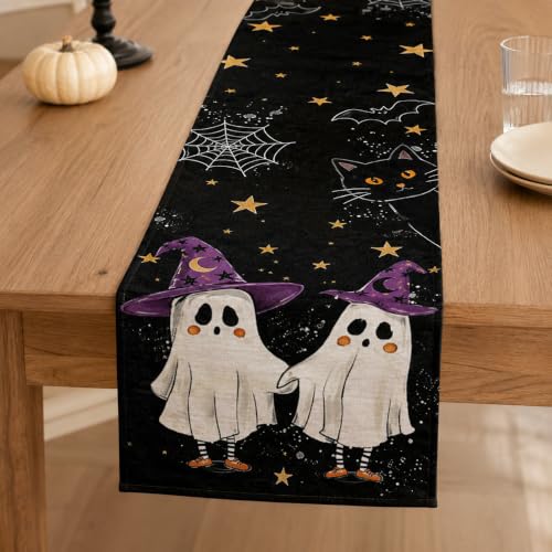 Halloween Table Runner 90 Inches - Black Ghosts Cats Witch Hats Web Decor