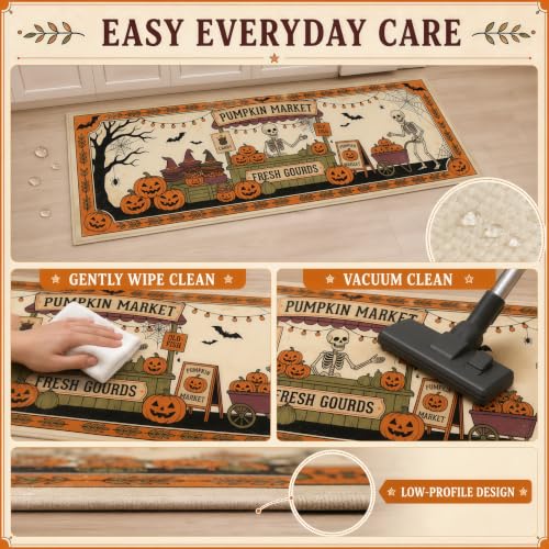 Halloween Skeleton Pumpkin Kitchen Mat Set of 2 - Non Slip Fall Rug with Autumn Decor - Skeleton Pumpkin Market Variation
