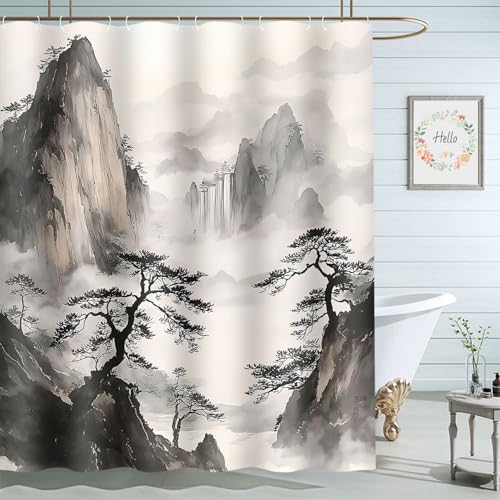 72x72 Inch Waterproof Mountain Tree Cloud Landscape Bathroom Shower Curtain with Hooks - Home Decoration