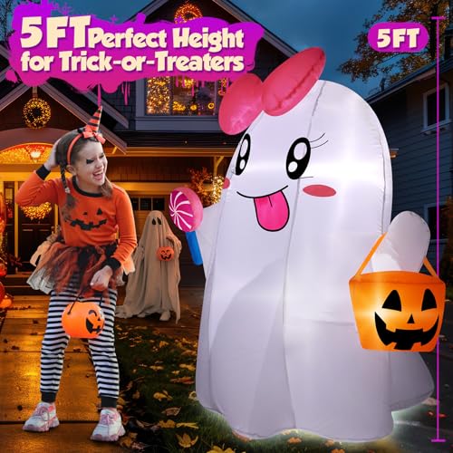 5FT Halloween Ghost Inflatable with Bright LED Lights & Pink Bow - Outdoor Yard Decoration