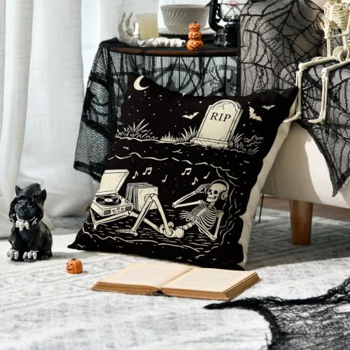 Halloween Skeleton Pillow Covers Set of 2 - Black 18x18 Inches Decorative Throw Pillows