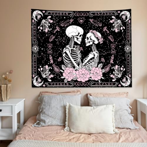 Pink & Black Gothic Skull Tapestry for Bedroom - Witchy Wall Decor 60 x 44 inches