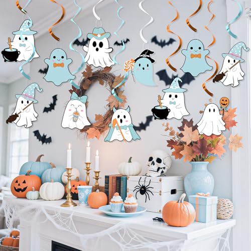 Halloween Ghost & Pumpkin Hanging Decorations - Blue & White Spooky Ceiling Streamers Set