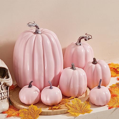 Artificial Pumpkins Set of 7 Halloween Farmhouse Decor Pink Variation