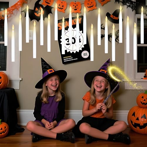 Floating Candles with Wand Remote - Halloween Flickering LED Taper Set - 20 Pieces