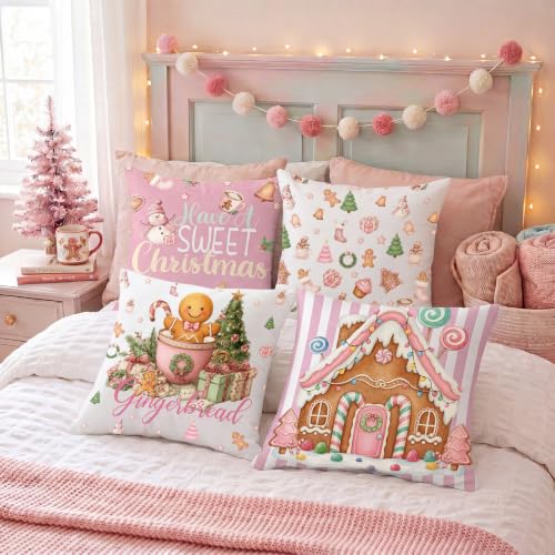 Pink Gingerbread Christmas Pillow Covers 6 Pack 18x18 Suede Holiday Decor