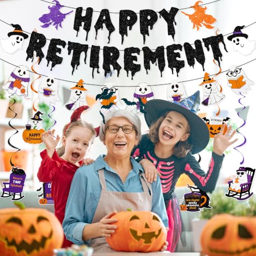 Halloween Retirement Banner Party Decoration - Black & Purple, Ghost & Witch Theme