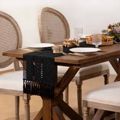DeZerlor Black Boho Macrame Farmhouse Table Runner 12 x 60 Inches with Tassels