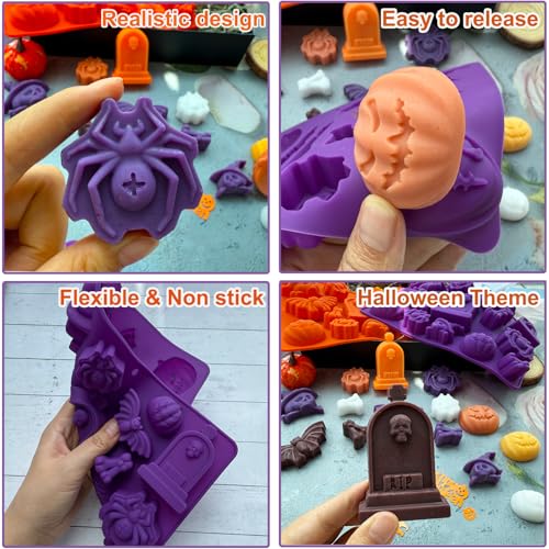Halloween Candy Molds 2Pcs Silicone Pumpkin Skull Bat Witch Hat Gummy Cake Pop
