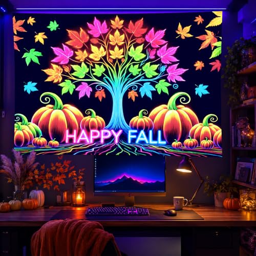 Fall Blacklight Tree Tapestry with Pumpkins and Leaves - Happy Fall Pumpkin Variation