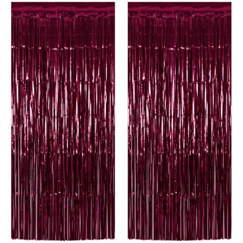 GCB 2-Pack Burgundy Metallic Tinsel Fringe Curtains for Party Backdrop & Door Decor