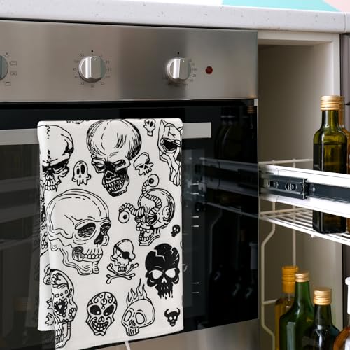 Halloween Skeleton Kitchen Towels Set - Funny Skull & Black White Variation