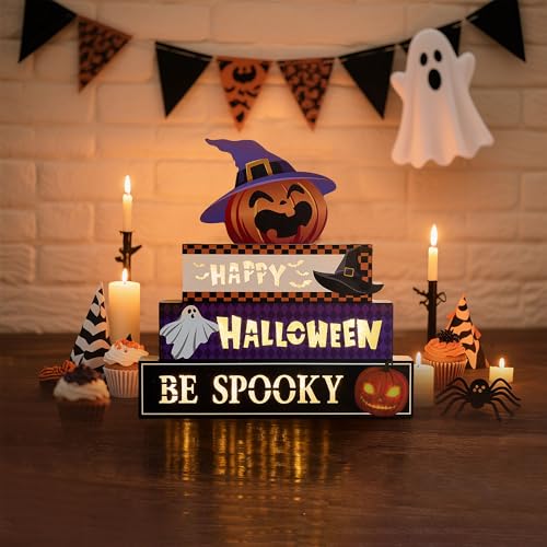 Halloween Wooden Block Set with Glowing 3D Letters and Witch-Hatted Pumpkin - Indoor Decor
