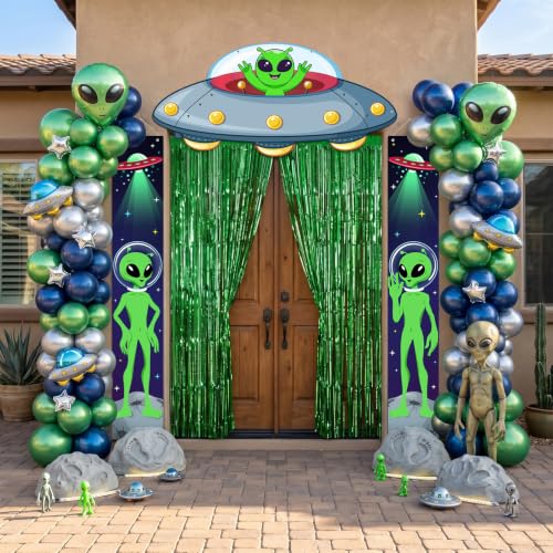 Alien Party Decorations Set - UFO Banner, Green Fringe Curtains & Alien Signs