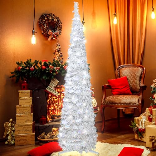 5FT Silver White Pop Up Christmas Tree with Snowflake & 60 Lights - Space Saving Holiday Decor
