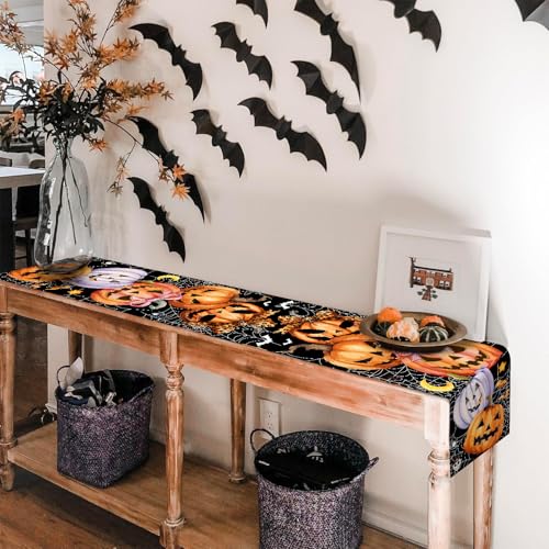 Halloween Spider Web Table Runner with Pumpkins and Bats - 13x72 Inch - Pink Variation