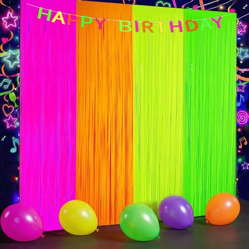 Neon Streamers Backdrop Party Supplies - Fluorescent Fringe Curtains Set