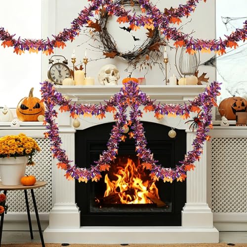 Purple Halloween Tinsel Garland 33ft Glitter Maple Decor for Home & Party