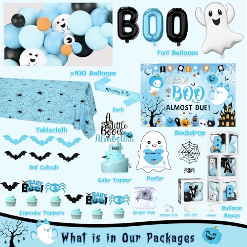 Halloween Baby Shower Decorations Boy - Blue & Black Party Set with Balloons, Backdrop & Cake Toppers