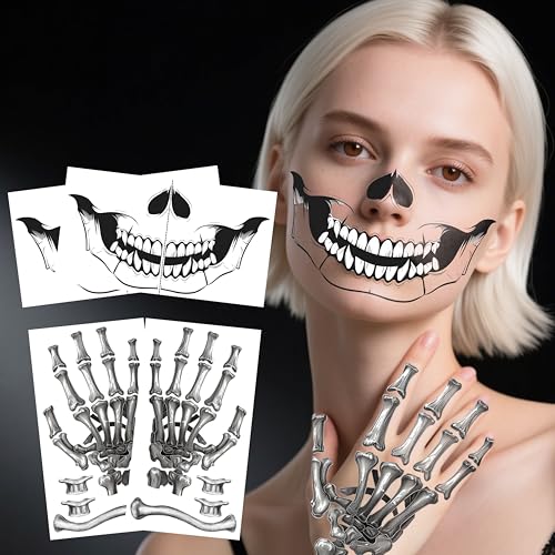 Halloween Face Tattoos Set - Waterproof Skeleton Zombie Clown Designs for Costume Makeup