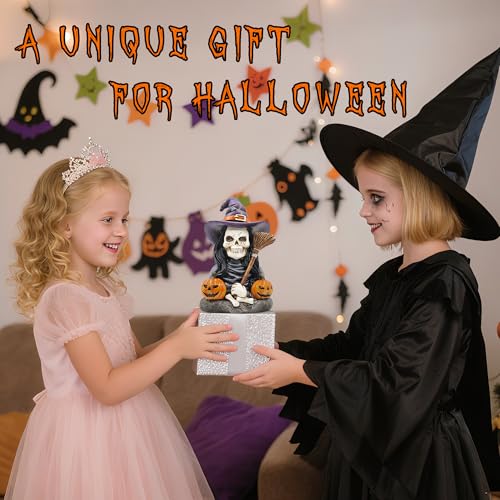 Halloween Skeleton Witch Decoration with Solar Eyes & Pumpkins - Indoor Figurine, Gothic Home Decor, Party Ornament - Variation of THIS Listing