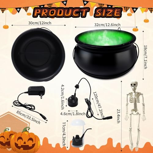 Large Green Halloween Witches Cauldron Diffuser with Skeleton & LED Fog Lights