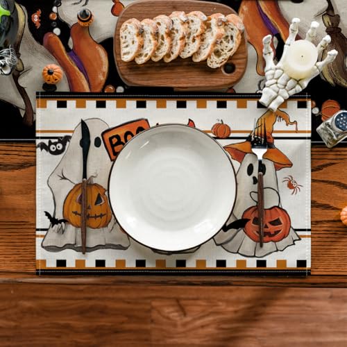 Halloween Ghost Placemats Set of 4 - 12 x 18 Inch Rectangular Table Decor