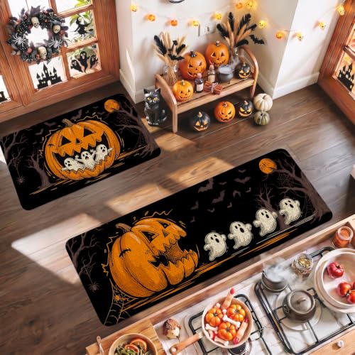 Halloween Kitchen Mat Set of 2 Non-Slip Washable Halloween Rugs - Pumpkin Ghost Variation