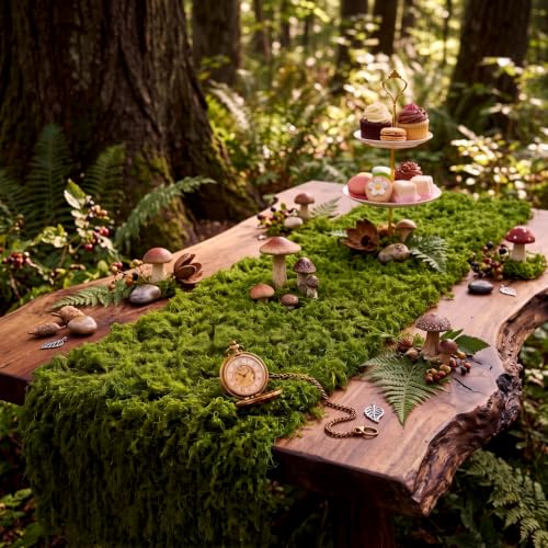 2 Green Artificial Moss Table Runner Halloween Enchanted Party Decor - Fake Natural Look