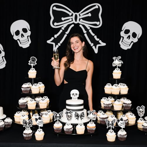 Gothic Birthday Cake Decorations Set – Skull, Black Bow & Skeleton Toppers for Halloween & Gothic Parties