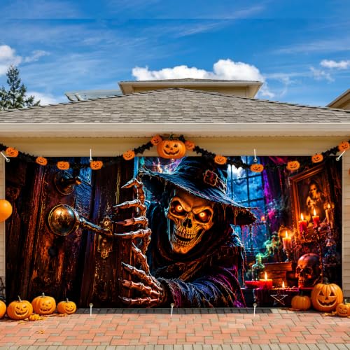 Gothic Halloween Garage Door Banner 7x16ft - Spooky Skeleton Wizard Outdoor Decoration - Halloween House Front Tapestry - Variation 263