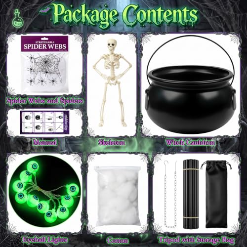 Lighted Witches Cauldron Halloween Decoration with Tripod, Spiders & Cobwebs