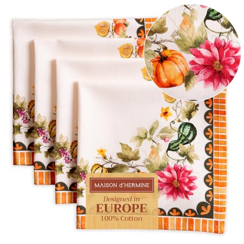 Pumpkin Garden Cloth Napkins Set of 4 - 20x20 Inch Reusable Cotton, Fall Decor