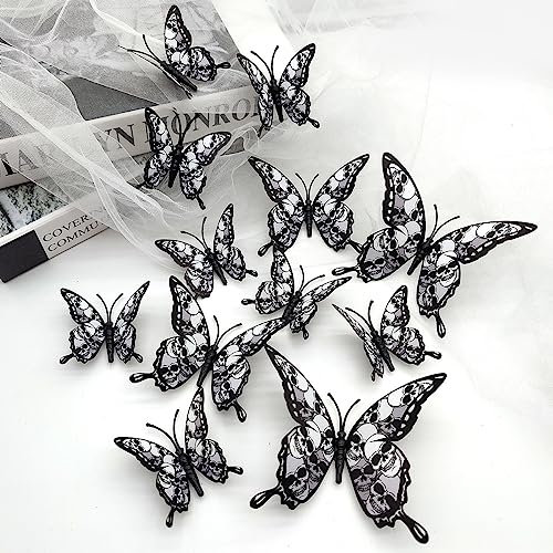 Halloween Butterfly Wall Sticker with Skull Design - Black 3D Decorations, 24 Pcs