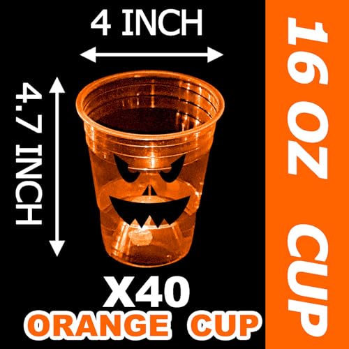 Halloween Glow Pumpkin Party Cups - 40 Pack 16oz Reusable Orange Plastic Cups with LED Lights