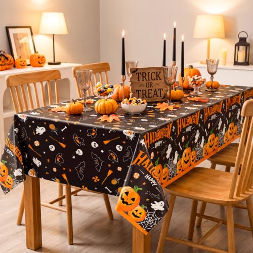 Halloween Plastic Tablecloths - Spooky Pumpkin Design, 3 Pack