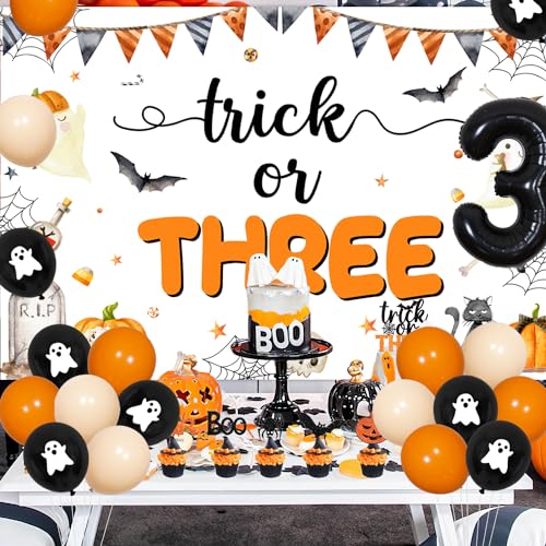 Halloween Trick or Three Party Decorations Kit with Banner Balloons & Cake Toppers