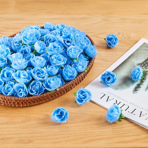 Light Blue Artificial Rose Heads 1.3 Inch Mini Fake Flowers for DIY Decor - 100Pcs